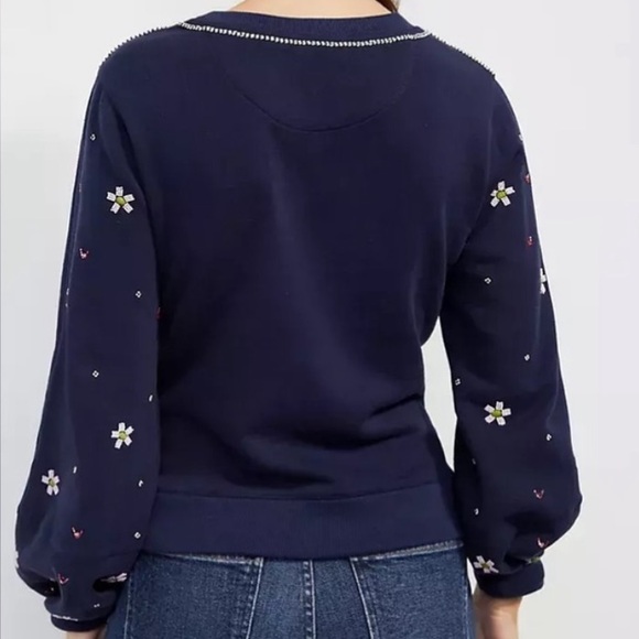 By Anthropologie Maeve Swan Lake Embroidered Navy Sweater - Picture 2 of 13